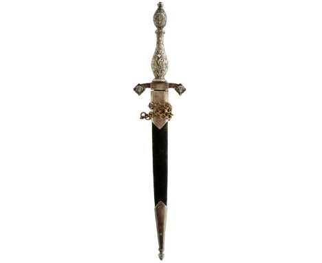 A VICTORIAN ROMANTIC DAGGER, 17.25cm flattened diamond section blade, characteristic white metal hilt decorated in the neo-cl