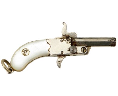 A LATE 19TH OR EARLY 20TH CENURY 1MM PINFIRE PISTOL, .75inch sighted octagonal plated barrel, plated fram-two-piece mother of
