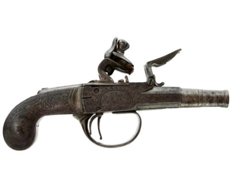 A FLINTLOCK BRASS BARRELLED BLUNDERBUSS PISTOL BY NOCK, 3inch two-stage  barrel with flared muzzle, border engraved action decorated with stands of  arms and signed H.NOCK LONDON, sliding safety, chequered wooden butt. Cock