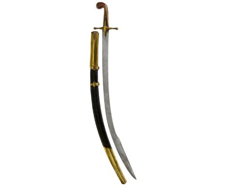 A LATE 18TH OR EARLY 19TH CENTURY INDO-PERSIAN SHAMSHIR, 83cm sharply curved clipped back kilij form blade, characteristic hi