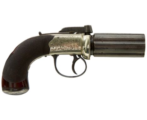 A 100-BORE SIX-SHOT PEPPERBOX REVOLVER BY MARRISON OF NORWICH, 3inch fluted barrels with scallop engraved muzzles, border and