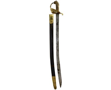 AN 1827 PATTERN NAVAL OFFICER'S SWORD, 80cm pipe backed blade with spear point, etched in panels with a crowned fouled anchor