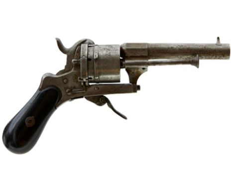 A BELGIAN 7MM SIX-SHOT PINFIRE REVOLVER, 3.5inch sighted barrel, plain cylinder and frame, folding trigger, sprung loading ga