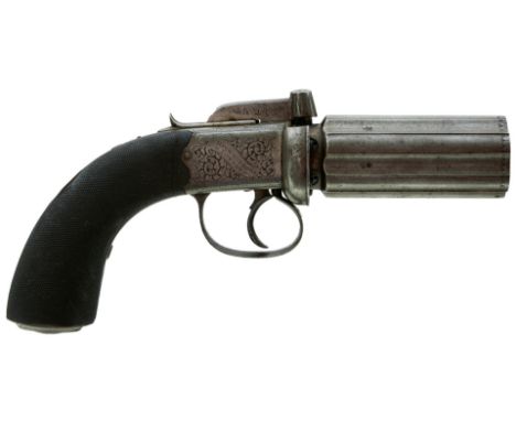 AN 80-BORE SIX-SHOT PERCUSSION PEPPERBOX REVOLVER BY W.F. MILLS OF LONDON, 3.5inch fluted barrels, scallop engraved at the mu