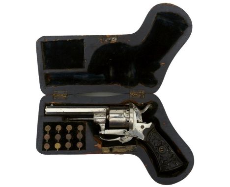 A PIPE-CASED BELGIAN 7MM SIX-SHOT LOUIS MULLER PINFIRE REVOLVER, 3.5inch sighted octagonal plated barrel, plated cylinder and