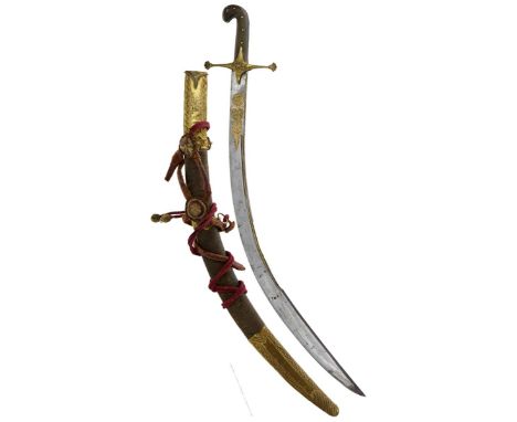 A 19TH CENTURY OTTOMAN OR PERSIAN SHAMSHIR OR SWORD, 74cm sharply curved double fullered blade with clipped back tip, finely 