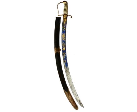 A GEORGIAN OFFICER'S SABRE, 77.5cm curved blade decorated with scrolling foliage, stands of arms, flowers of the union, crown