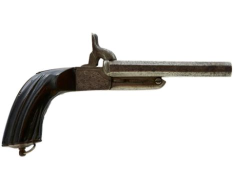 A SPANISH 12MM DOUBLE BARRELLED PINFIRE BOOT PISTOL, 4.5inch sighted octagonal barrels, chequered boxlock action, fluted angu