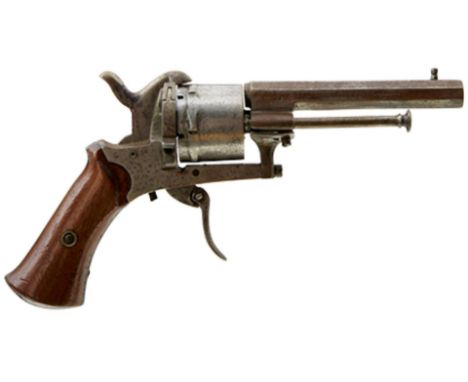 A BELGIAN 7MM SIX-SHOT PINFIRE REVOLVER, 3.5inch sighted octagonal barrel, plain cylinder and frame, loading gate on right si
