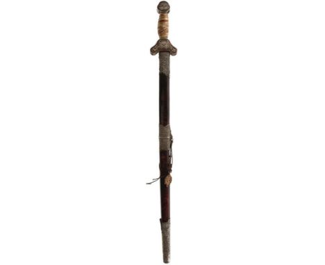 A 19TH CENTURY VIETNAMESE KIEM WITH MAMMOTH TOOTH GRIP, 56cm flattened diamond section blade, characteristic hilt with stippl