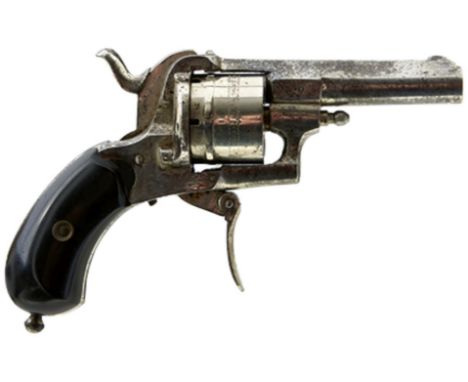 A BELGIAN 7MM SIX-SHOT CLEMENT FACTORY NEW ENGLISH PATTERN PINFIRE REVOLVER, 2.5inch sighted barrel, plated cylinder and fram