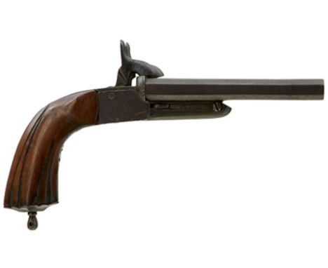 A 12MM CALIBRE DOUBLE BARRELLED PINFIRE SPANISH BOOT PISTOL, 4.5inch octagonal barrels, chequer engraved action, fluted woode