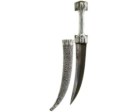 A GOOD 19TH CENTURY TURKISH OTTOMAN JAMBIYA, 24cm flattened diamond section curved blade of watered steel, characteristic whi