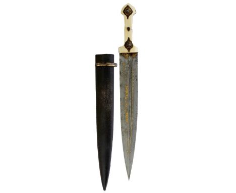 A 19TH CENTURY CAUCASIAN KINDJAL, 36.5cm blade with offset fullers, decorated with geometric designs, scrolling foliage and f