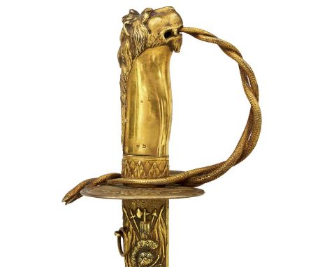 A GOLD MOUNTED GEORGIAN PRESENTATION SWORD, 81.5cm blade etched with foliage, the Royal arms, GR cypher, various classical fi