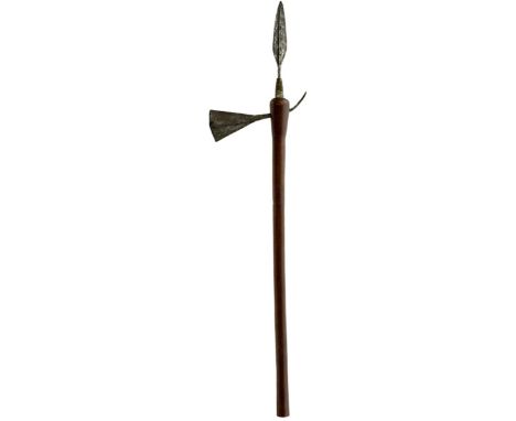 TWO LATE 19TH CENTURY ZULU TRIBAL AXES, the first with crescent shaped head and tapering club form wooden haft, the second wi