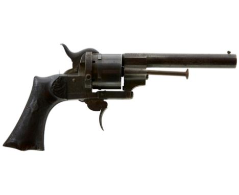 A FRENCH 9MM SIX-SHOT LEFAUCHEUX PINFIRE REVOLVER, 4.75inch sighted two-stage barrel, with traces of blued finish, border and