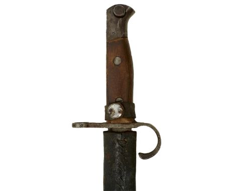 A JAPANESE ARISAKA BAYONET, arsenal stamp to the forte, contained in its late war emergency issue leather scabbard. 