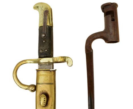 AN 1855 PATTERN SAPPERS AND MINERS LANCASTER BAYONET, complete with scabbard, leather parted, together with a Brown Bess sock