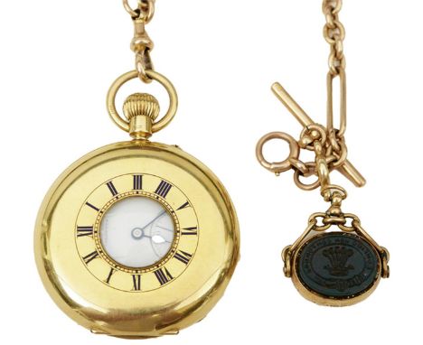 COOKE &amp; KELVEY CALCUTTA: AN EARLY 20TH CENTURY 18CT GOLD HALF HUNTER PRESENTATION POCKET WATCH, the case with blue enamel