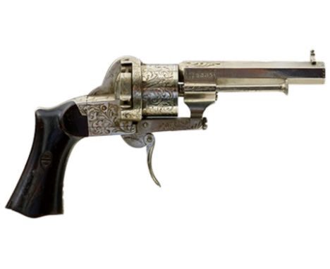 A 7MM CALIBRE SIX-SHOT FRENCH PINFIRE REVOLVER BY LEFAUCHEUX, 3.25inch sighted octagonal plated barrel engraved with the reta