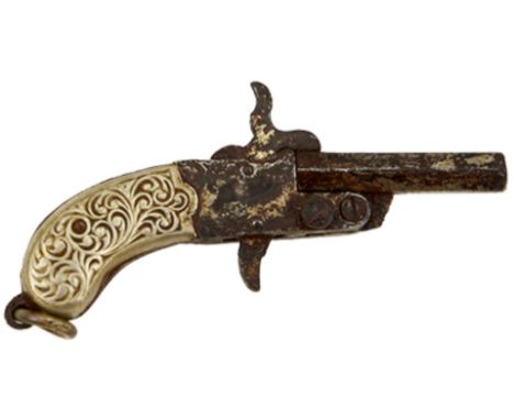 A LATE 19TH OR EARLY 20TH CENURY 1MM PINFIRE PISTOL, .75inch sighted octagonal barrel, the frame with two-piece scroll engrav