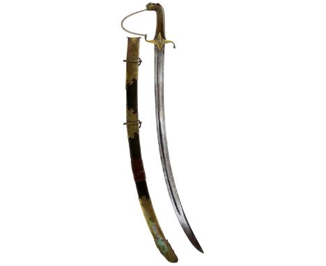 AN UNUSUAL MAMELUKE STYLE SABRE OF TIPU SULTAN INTEREST, 71cm blade, brass mounted hilt with trophy tiger's head pommel decor