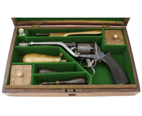 A 54-BORE 5-SHOT PERCUSSION 1ST MODEL DOUBLE TRIGGER TRANTER, 6.5inch sighted octagonal barrel with traces of original blued 