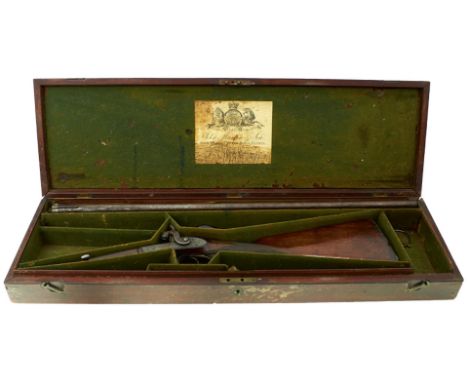 A CASED 13-BORE DOUBLE BARRELLED PERCUSSION SPORTING GUN BY JOHN MANTON &amp; SON, 30inch sighted damascus barrels signed Joh