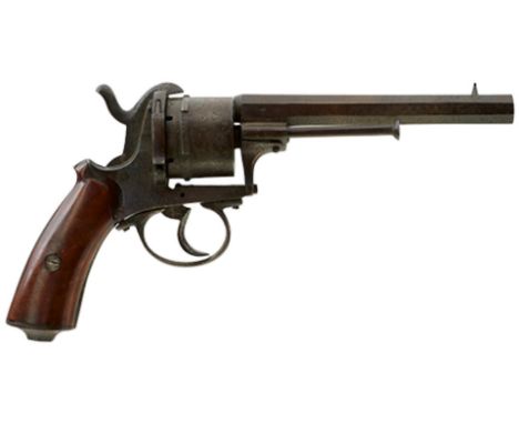 A 12MM CALIBRE BELGIAN MILITARY PINFIRE REVOLVER, 5.75inch sighted octagonal barrel, the cylinder with Belgian proof mark, lo