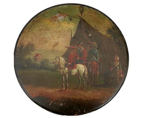 A GEORGIAN PAPIER MACHE PATCH BOX, the 9.5cm diameter lid painted with a scene believed to be that of the Royalist Cap. 