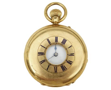 J.W. BENSON, LONDON: A VICTORIAN 18CT GOLD LADY'S HALF HUNTER POCKET WATCH, the case with blue enamel Roman numerals, the whi