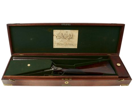 A CASED 16-BORE ROYAL DOUBLE BARRELLED PERCUSSION SPORTING GUN BY JOSEPH MANTON, 28inch sighted browned damascus barrels engr