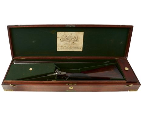 A CASED 16-BORE ROYAL DOUBLE BARRELLED PERCUSSION SPORTING GUN BY JOSEPH MANTON, 28inch sighted browned damascus barrels engr