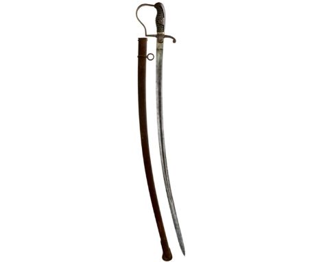 A PRUSSIAN OFFICER'S SWORD, 85cm blade curved fullered blade etched with scrolling foliage, stands of arms and a Prussian eag