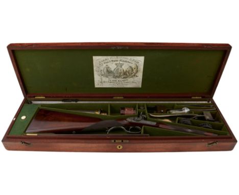 A GOOD CASED .450 CALIBRE PERCUSSION PRESENTATION RIFLE BY JAMES WILKINSON &amp; SON, 30inch sighted damascus barrel engraved