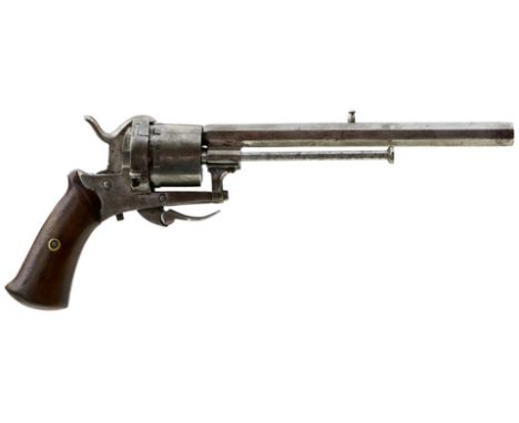 A 7MM CONTINENTAL PINFIRE REVOLVER, 6inch sighted octagonal barrel, plain cylinder and frame, loading gate on the right side,