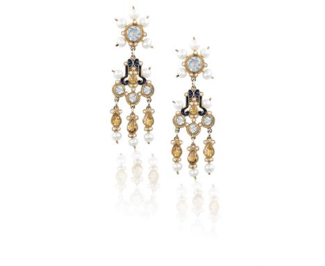A PAIR OF GEM-SET PENDENT EARRINGS, BY PERCOSSI PAPIOf Renaissance revivalist design, each composed of aquamarines, freshwate