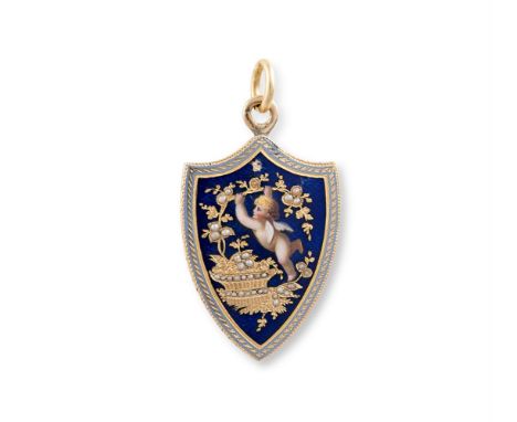 AN ENAMEL AND SEED PEARL PENDANT, CIRCA 1890The shield-shaped pendant, depicting an angel playing with vines, within a royal 