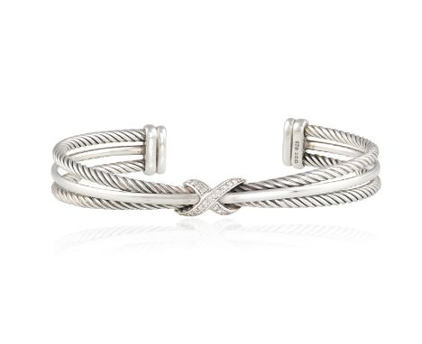 A DIAMOND AND SILVER CUFF BANGLE, BY DAVID YURMANThe cuff bangle designed with a double twisted silver frame, with two 'x' mo