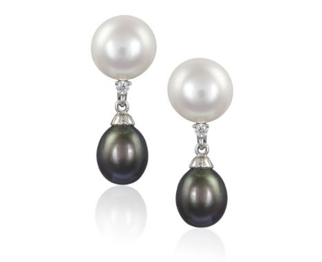 A PAIR OF CULTURED PEARL AND DIAMOND PENDENT EARRINGS, BY TRIANONEach button-shaped cultured pearl of white tint, measuring a