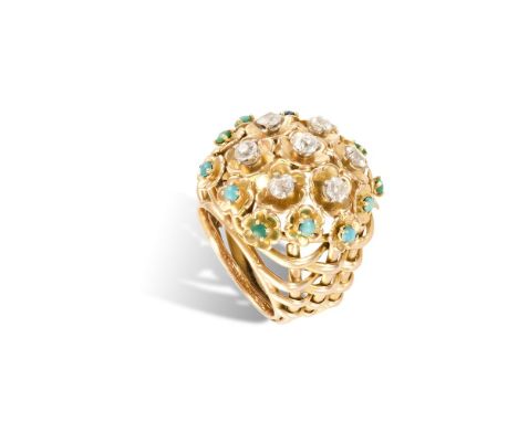 A DIAMOND AND TURQUOISE COCKTAIL RING, CIRCA 1960Designed as a bouquet of flowers, each flowerhead set with old brilliant-cut