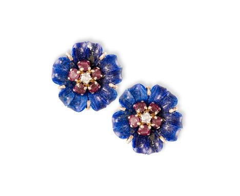 A PAIR OF LAPIS LAZULI, RUBY AND DIAMOND FLOWER EARRINGSOf flowerhead design, each lapis lazuli carved as petals with circula