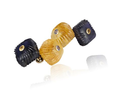 A PAIR OF GEM-SET CUFFLINKS, BY SEAMAN SCHEPPSFour bombé square cushion-shaped of either carved citrine or amethysts, each ce