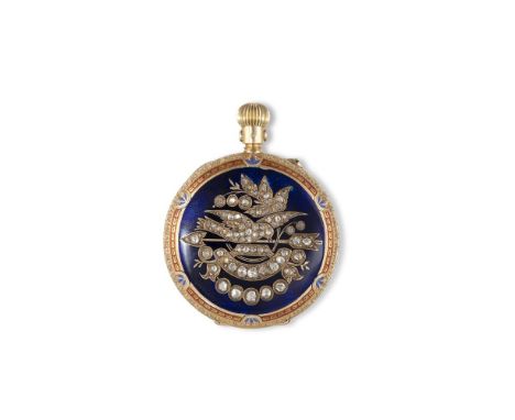 AN 18K GOLD, ENAMEL AND DIAMOND POCKET WATCH, BY LEBET & FILSThe 15-jewel blue enamelled case set with rose-cut diamonds depi