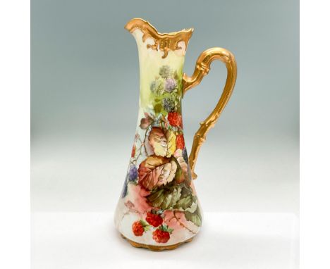 Decorative pitcher with hand painted red and purple berries, green leaves; gold rim and handle. Dimensions: 7"L x 5.5"W x 12"