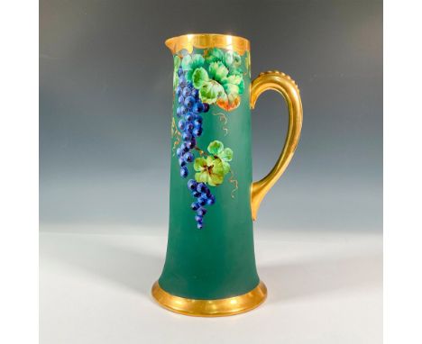 A gorgeous tall matte forest green pitcher adorned with painted dangling blueberries and gilded trims and handle. PL Limoges 