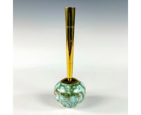 Turquoise with lustre finish and branch patterning. Round body. Narrow brass spout.Gold Delft sticker on front of vessel area