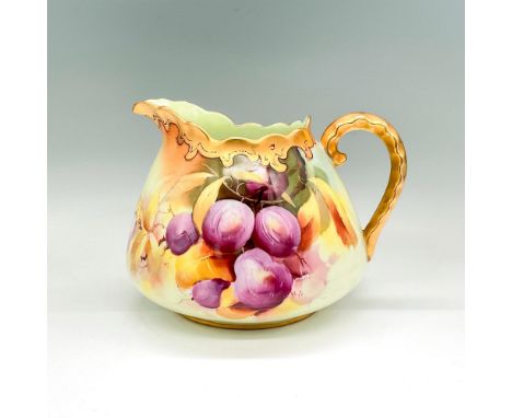 Antique wide pitcher with hand-painted purple plums; gold handle and rim. Pickard China backstamp. Issued: 1895-1898Dimension