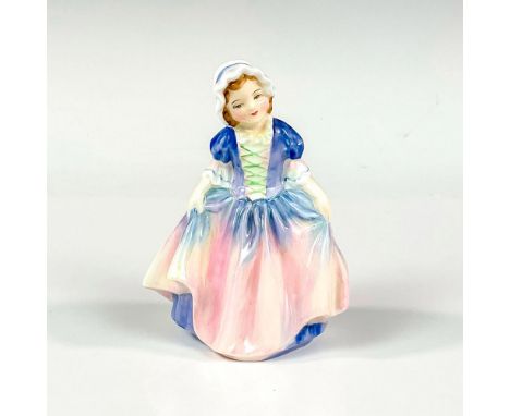 Glaze finish, modeled as a young girl doing a curtsy in a purple and pink dress and white bonnet. Royal Doulton backstamp. Ar